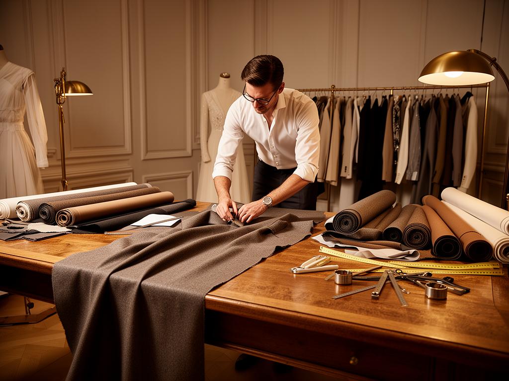 Tailleur Maison Smalto coupant un tissu de costume sur mesure en atelier