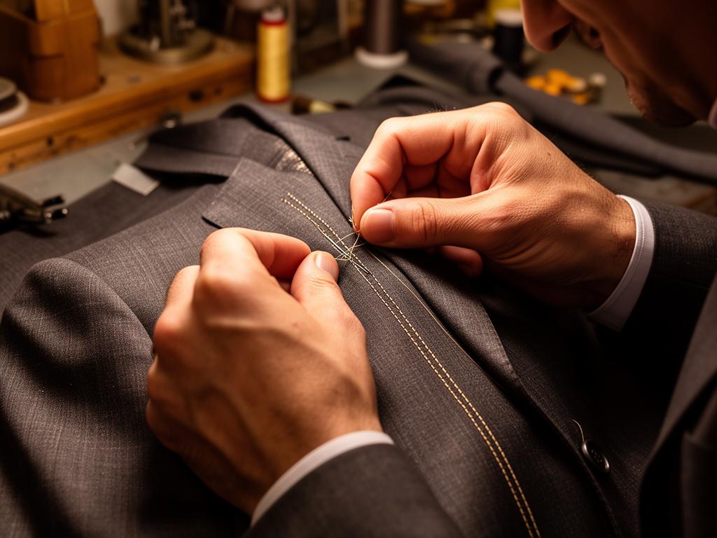 Finition à la main d'un costume en laine dans l'atelier de couture Smalto
