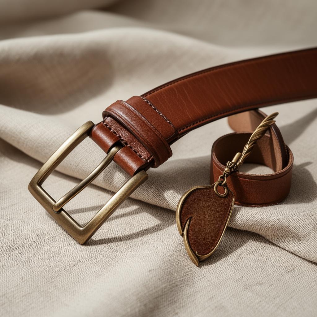 Ceinture en cuir brun sombre avec boucle sobre, posée sur un tissu de lin