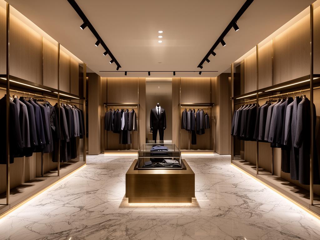 Intérieur d'une boutique de prêt-à-porter masculin, costumes alignés sur des portants en bois et marbre