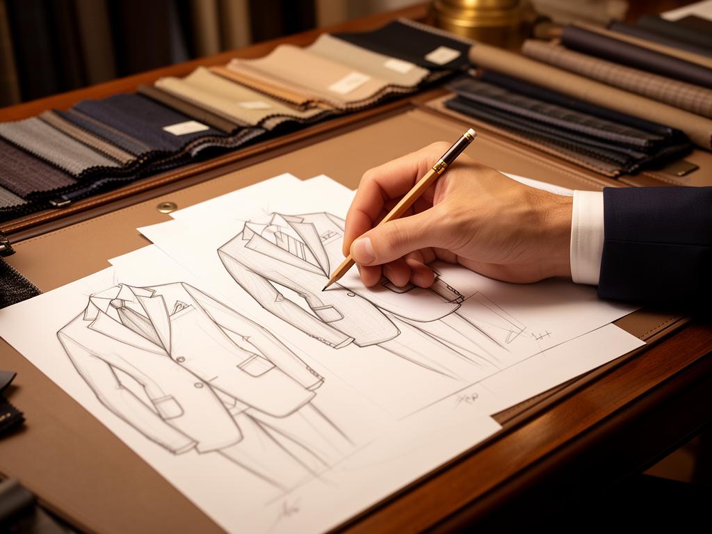 Croquis d'un costume dessiné à la main sur une table d'atelier, entouré d'échantillons de tissus